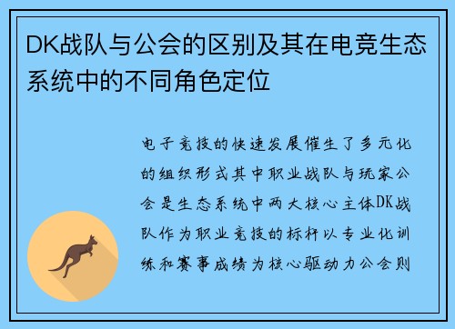 DK战队与公会的区别及其在电竞生态系统中的不同角色定位